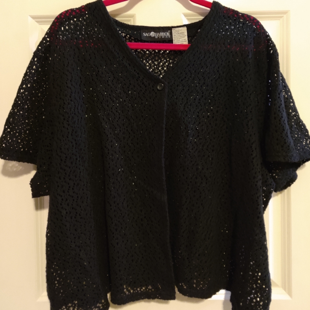 Sag Harbor Women's Black Crochet Style Short Sleeve Cover Up, Shrug  Siz…